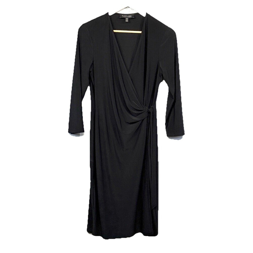 Black Label by Evan Picone Faux Wrap Dress Size 10 Black Slinky knit 3/4 sleeves
